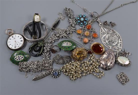 Mixed Victorian and later jewellery including white metal and a pocket watch etc.